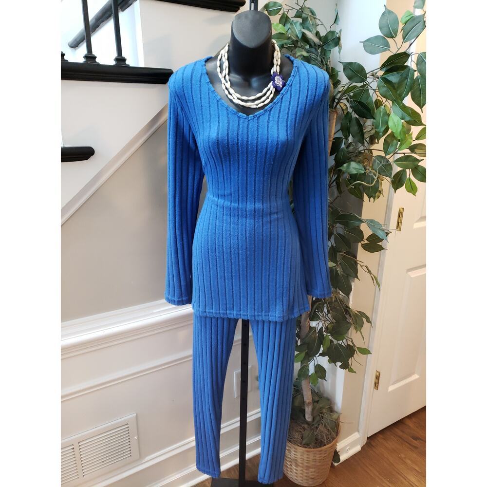 Womens 2 Piece Top & Pants Small Blue Ribbed Knit Slit Long Sleeve Pullover